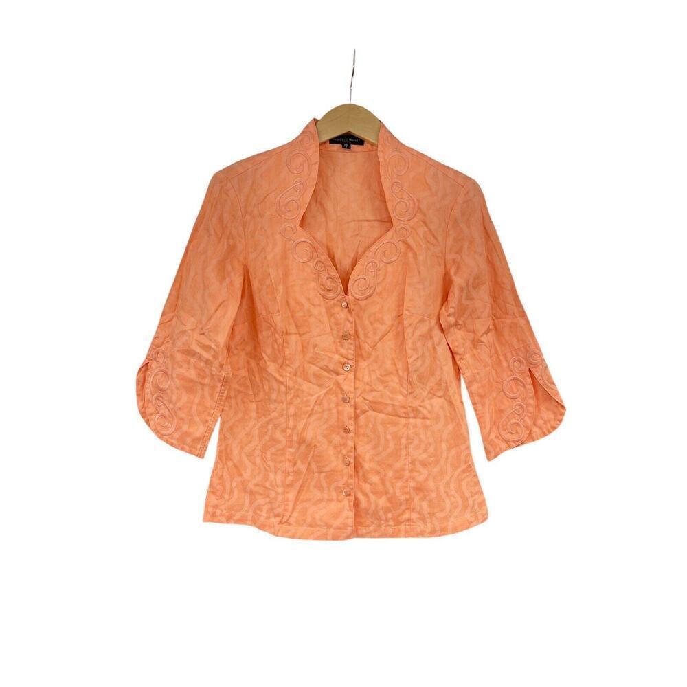 Audrey Talbott Papaya Orange Button Down Embroidered Fitted Blouse Shirt Top 6